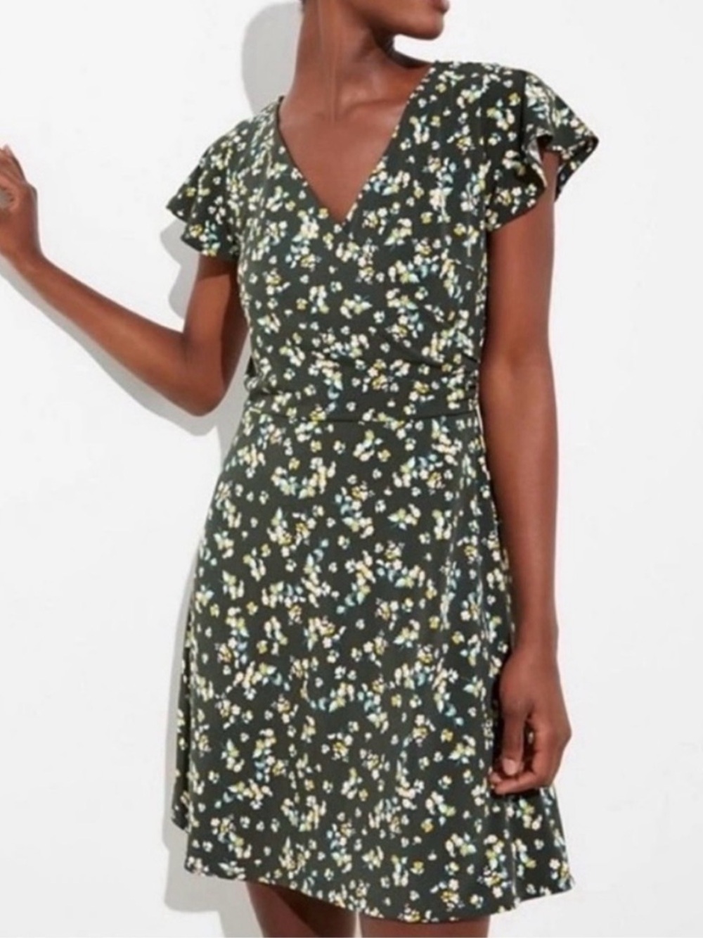 LOFT Dark Green Wildflower Flutter Wrap-Style Mini Dress size 00P